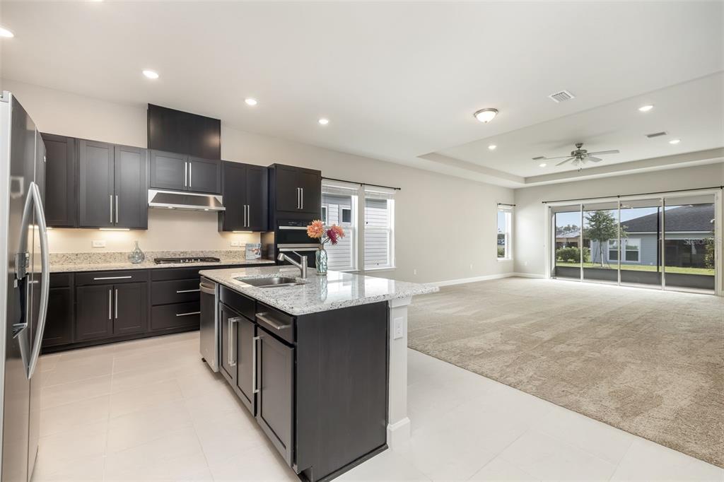 A modern kitchen with dark cabinets and granite countertops opens to a carpeted living area — 6 FALMOUTH DRIVE, PALM COAST, FL