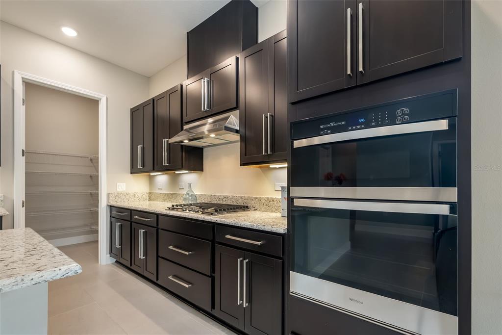 A modern kitchen features dark wood cabinets, granite countertops, stainless steel appliances, and a walk-in pantry — 6 FALMOUTH DRIVE, PALM COAST, FL