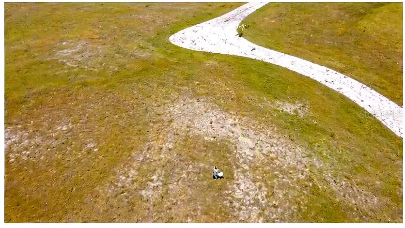 An aerial view shows a person standing in a large, grassy field near a path — 10 PETUNIA COURT, PLACIDA, FL