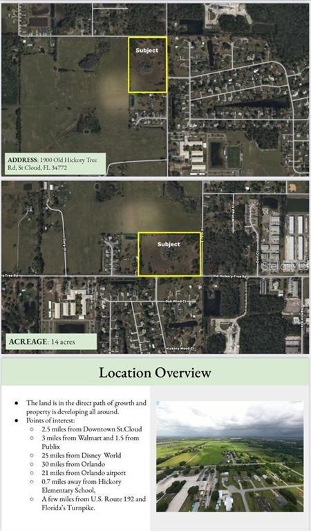 This image is a map and location overview for a 14-acre property in Florida — OLD HICKORY TREE ROAD, ST CLOUD, FL