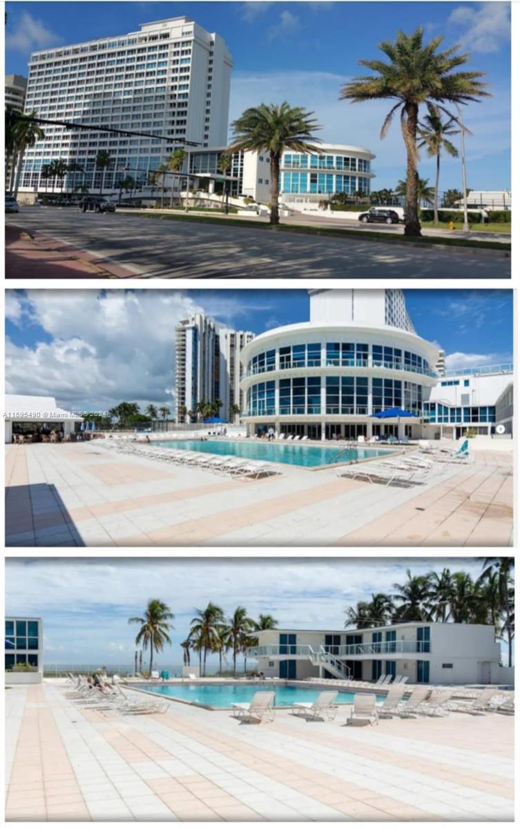 A multi-story hotel building with a swimming pool and lounge chairs on a paved deck — 5445 Collins Ave # 1735, Miami Beach FL 33140, MIAMI BEACH, FL