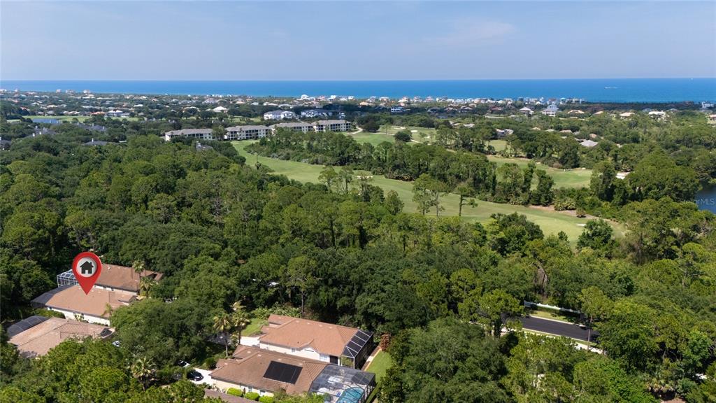 An aerial view shows residential houses surrounded by dense trees near a golf course and ocean — 3 VILLAGE VIEW DRIVE, PALM COAST, FL