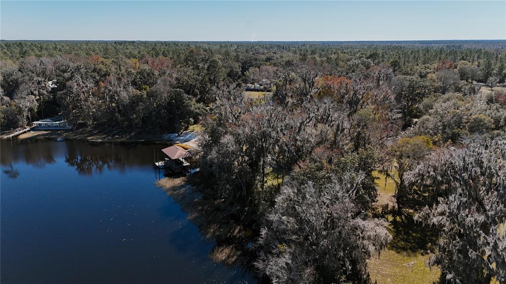 An aerial view of a lakefront property featuring a wooden dock and dense surrounding trees — 16970 NE 120TH AVENUE, WALDO, FL