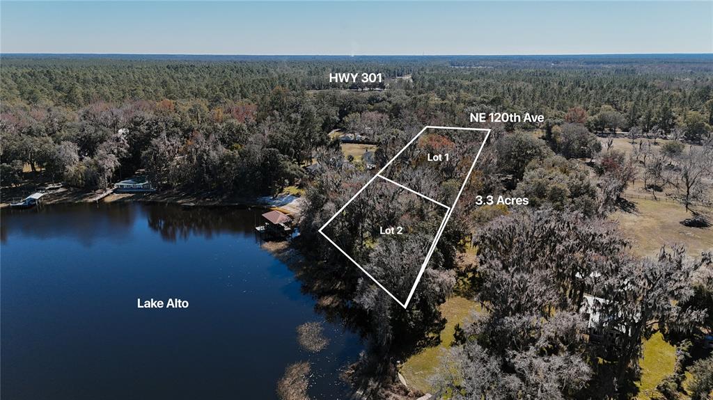 An aerial view shows two wooded waterfront lots labeled Lot 1 and Lot 2 — 16970 NE 120TH AVENUE, WALDO, FL