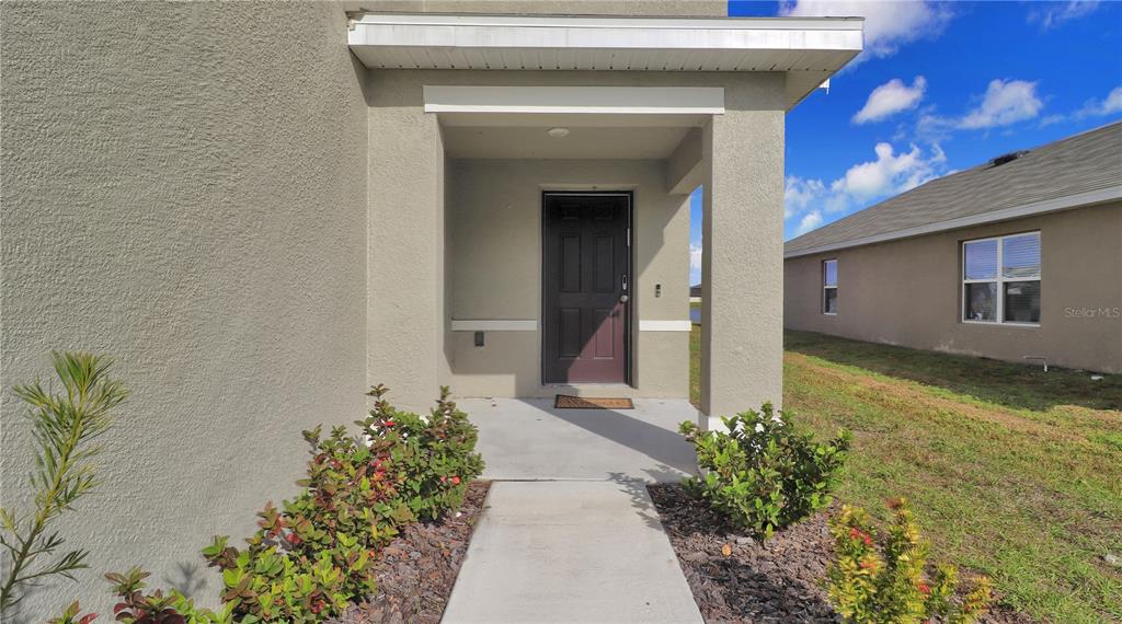 A concrete walkway leads to the covered front entryway of a tan stucco house — 5546 LOGAN CAVE AVENUE, WIMAUMA, FL