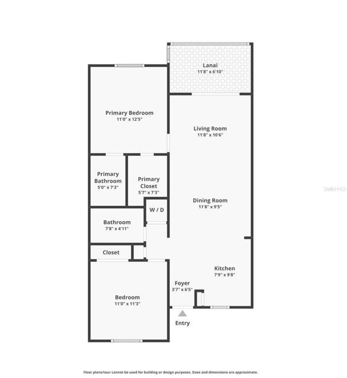 This is a floor plan for a two-bedroom, two-bathroom apartment with a lanai — 25225 RAMPART BOULEVARD UNIT 105, PUNTA GORDA, FL