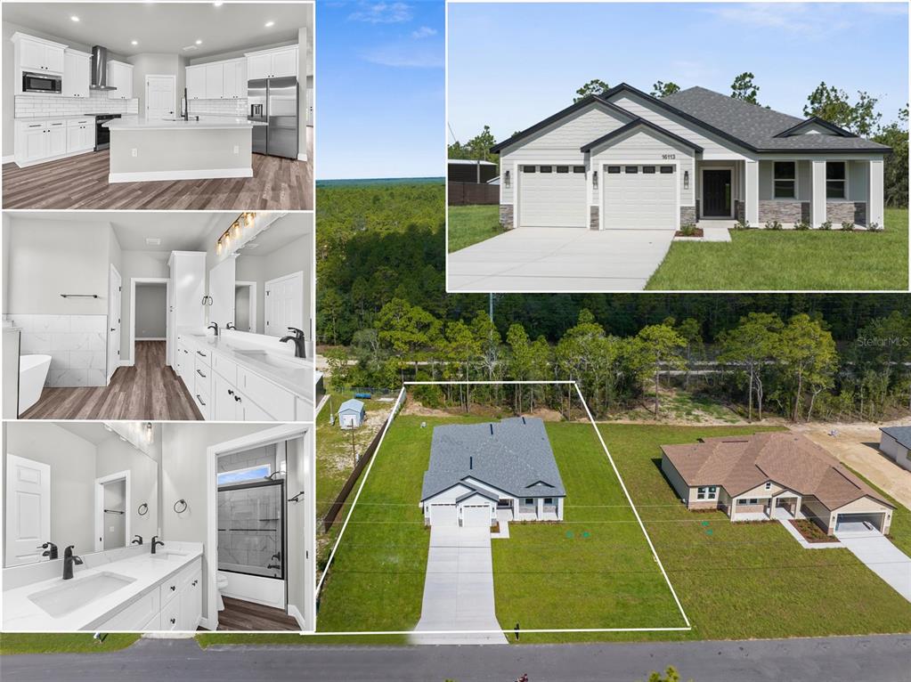 A collage shows a modern kitchen, two bathrooms, and exterior views of a single-family home — 16113 PENN STATE ROAD, WEEKI WACHEE, FL