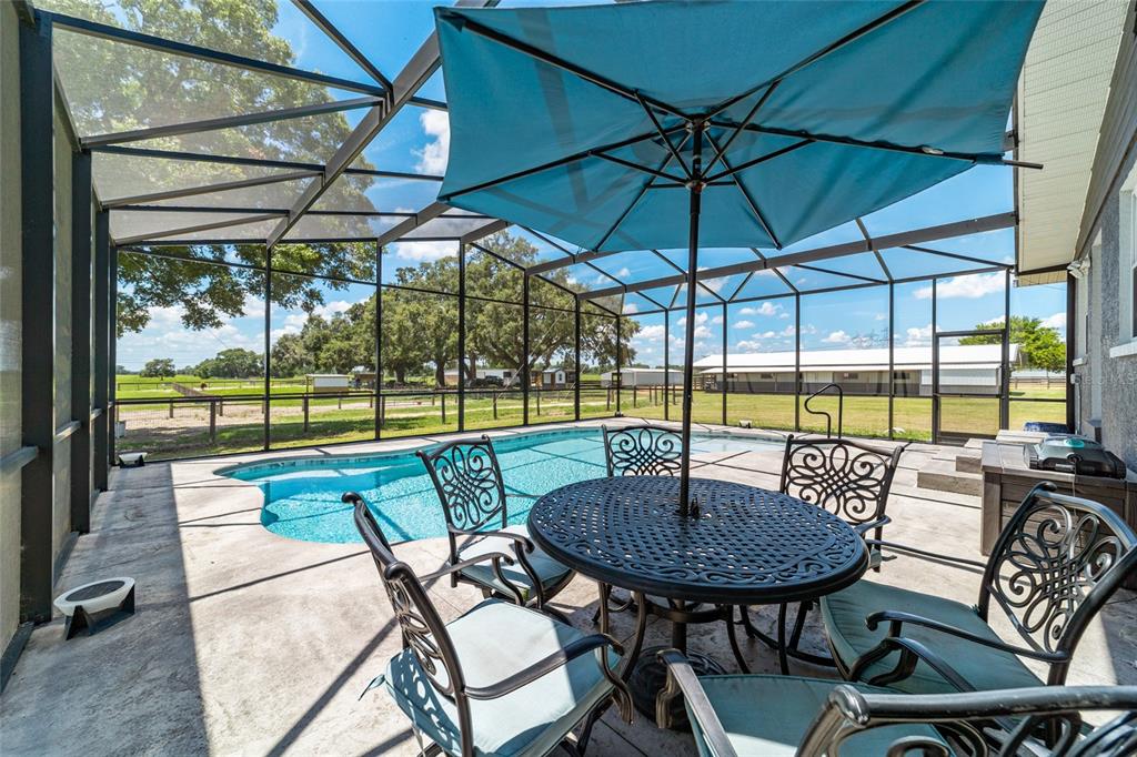 A screened-in patio features a swimming pool, outdoor dining set, and views of a pasture — 1231 102ND BLVD A, WILDWOOD, FL