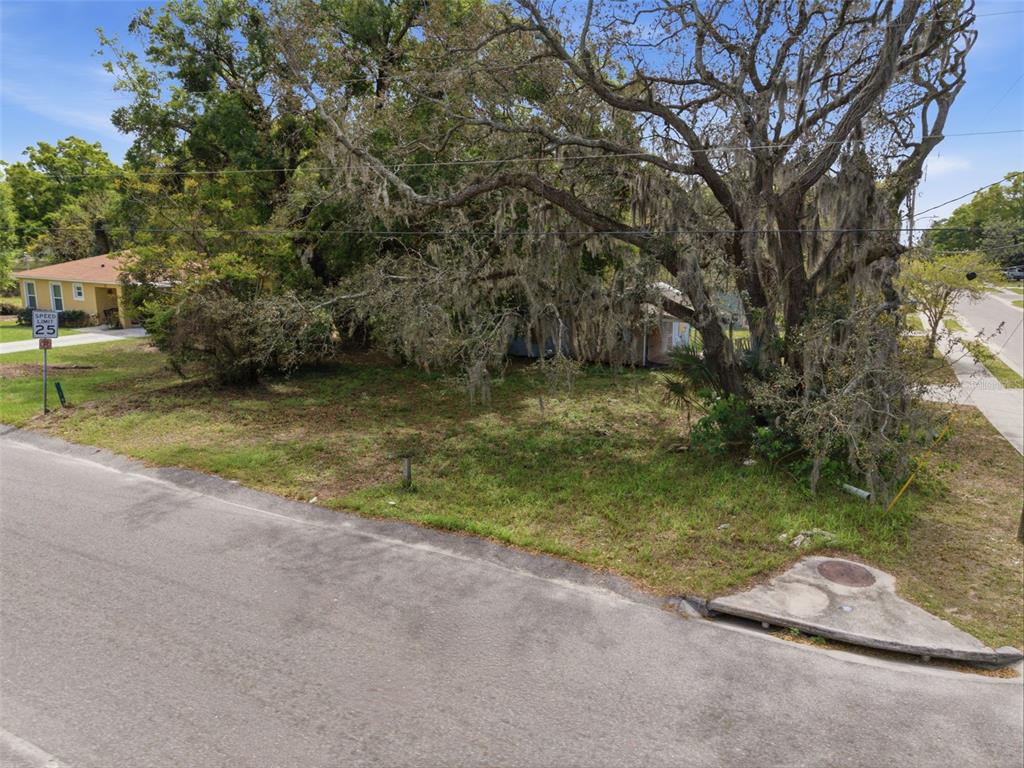 An elevated view of a vacant, tree-covered lot next to a paved road and sidewalk — 1301 S CENTRAL AVENUE, APOPKA, FL