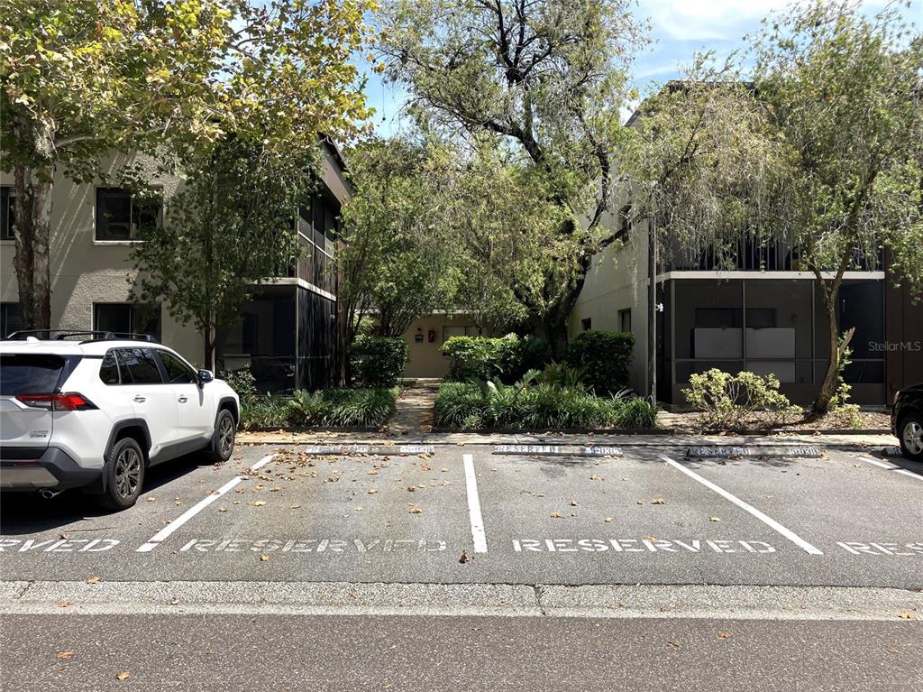 A white SUV is parked in a reserved space in front of two-story apartment buildings — 11703 RAINTREE VILLAGE BOULEVARD UNIT B, TEMPLE TERRACE, FL