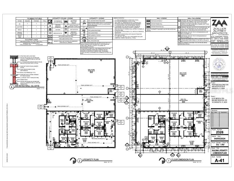 This image is an architectural floor plan showing the layout and life safety features of a building — 6355 INITIATIVE BOULEVARD UNIT 110, SARASOTA, FL