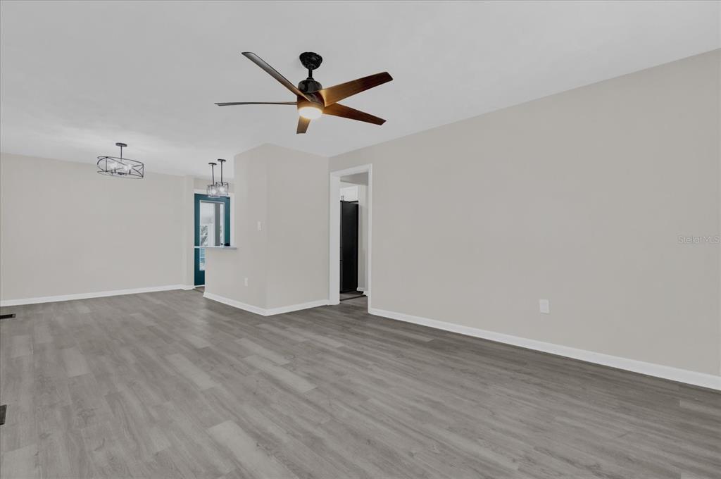 A living room features gray wood-look flooring, a ceiling fan, and a pass-through kitchen opening — 204 LOUIS STREET, LEESBURG, FL