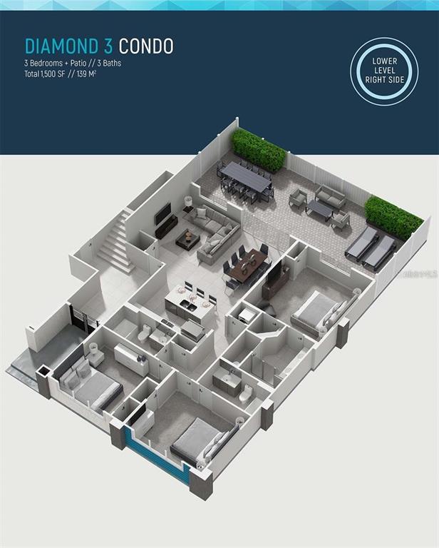 This is a 3D floor plan rendering of a three-bedroom, three-bathroom condo with a patio — 7760 SANDY RIDGE DRIVE UNIT 115, REUNION, FL