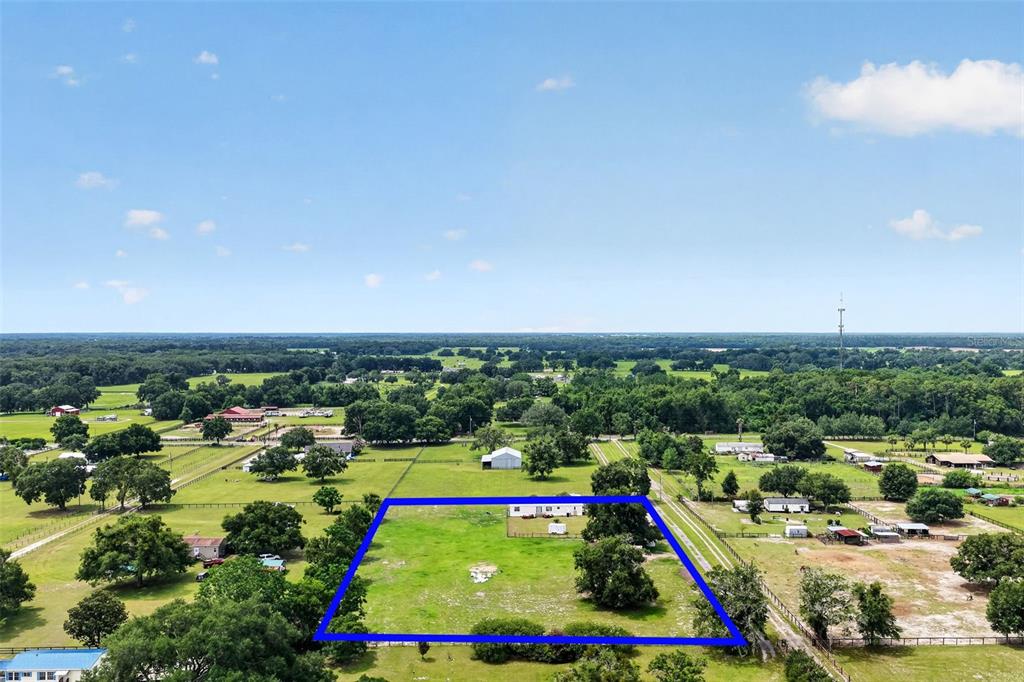 An aerial view shows a rectangular plot of land outlined in blue with scattered trees — 311 SE HIGHWAY 42, SUMMERFIELD, FL