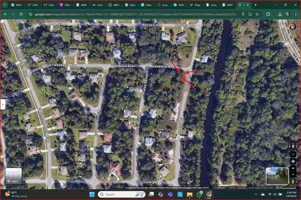 This satellite map view shows residential streets and wooded areas in North Port, Florida — LOT 9 SADNET LANE, NORTH PORT, FL