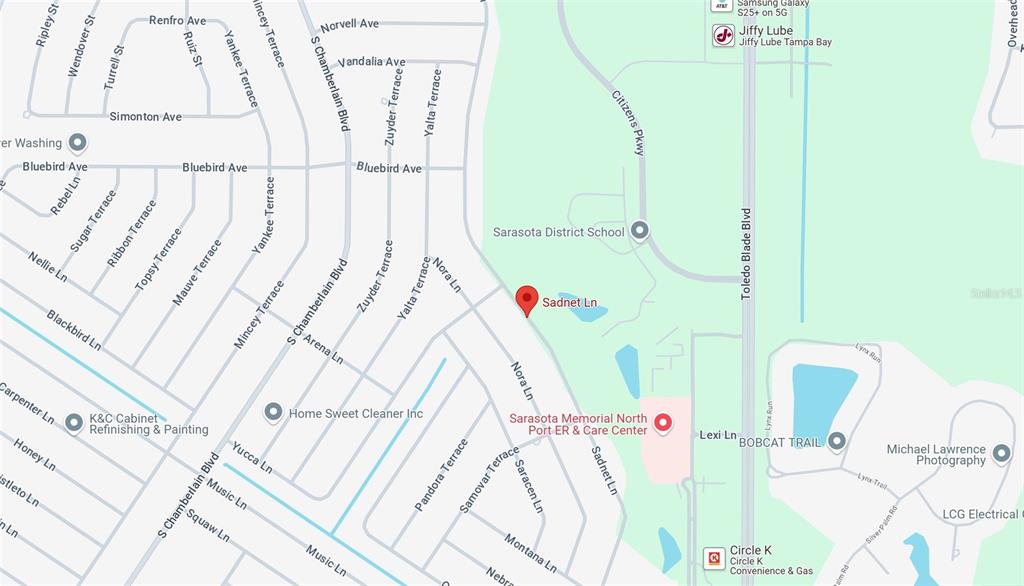 This is a map showing streets and landmarks in a residential area — LOT 9 SADNET LANE, NORTH PORT, FL