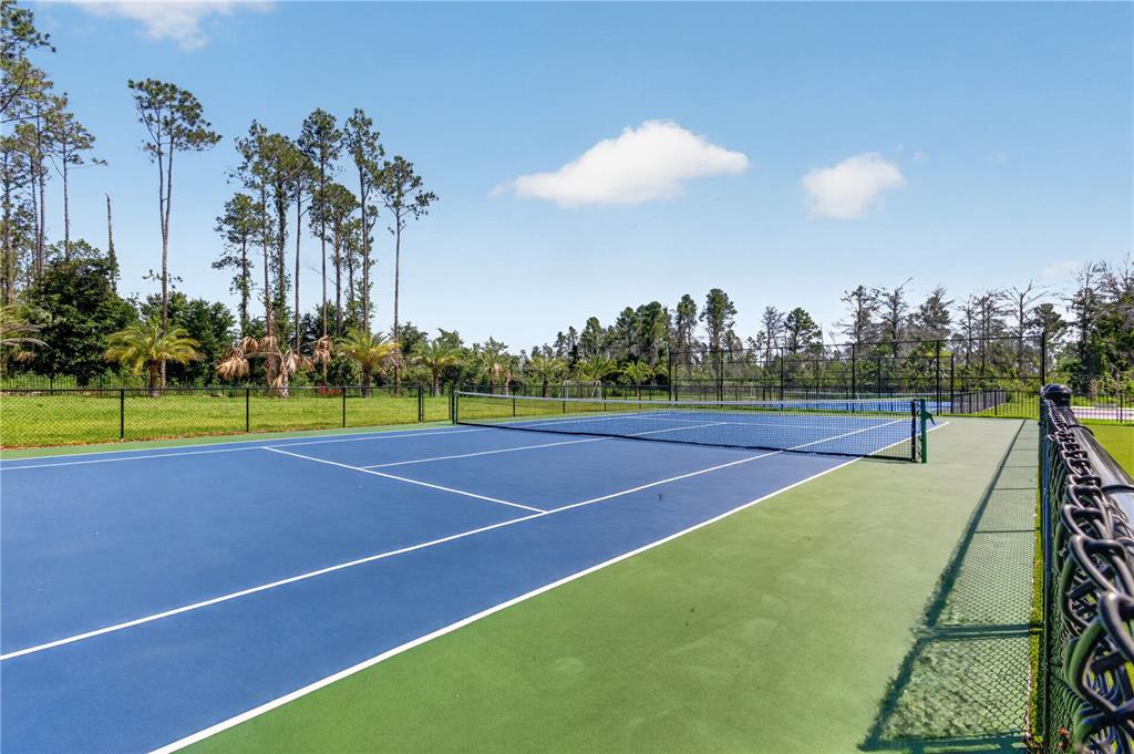 A blue and green outdoor tennis court is surrounded by a chain-link fence and trees — 16044 PENDIO DRIVE, BELLA COLLINA, FL