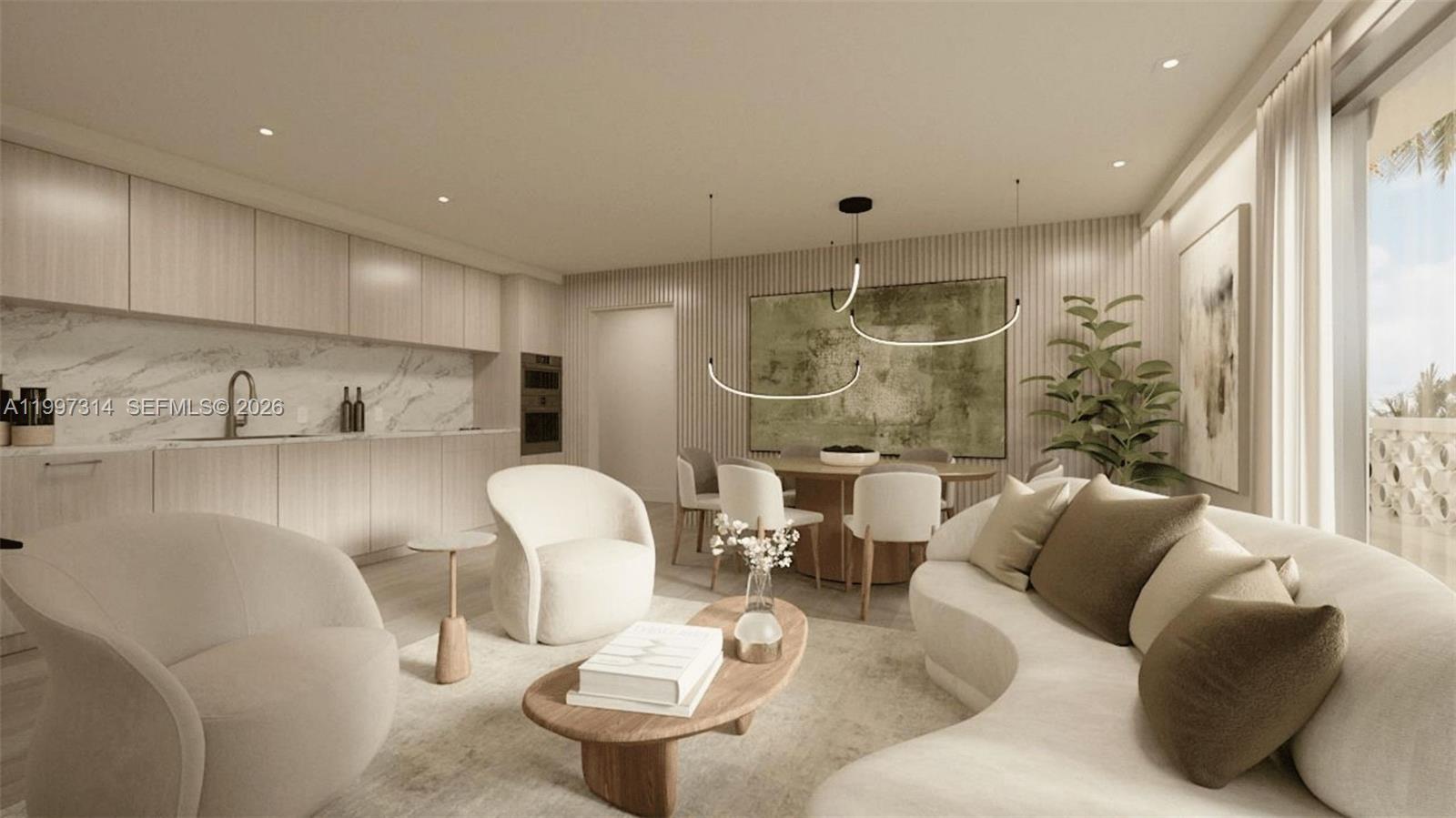 This rendering shows a modern open-concept living and dining area with light wood cabinetry — 260 Collins Av # 101, Miami Beach FL 33139, MIAMI BEACH, FL