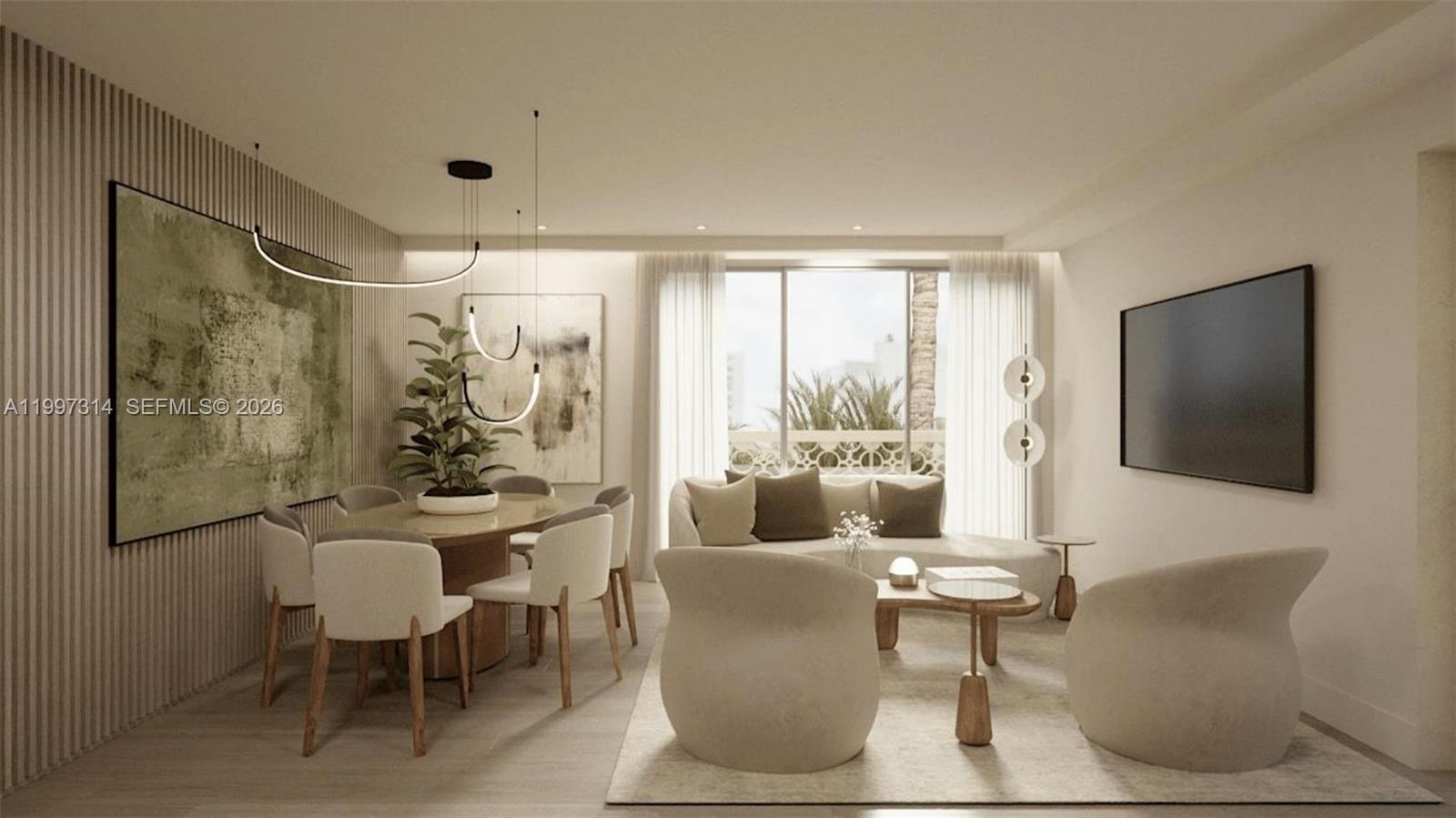 This is a rendering of a modern living and dining room with neutral furniture — 260 Collins Av # 101, Miami Beach FL 33139, MIAMI BEACH, FL