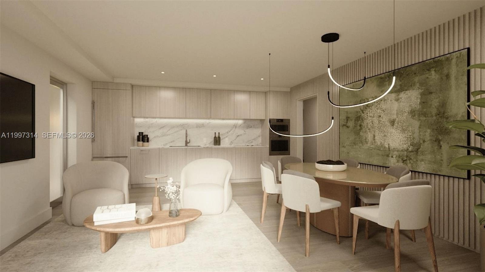 This rendering shows a modern open-concept kitchen, dining area, and living space with neutral tones — 260 Collins Av # 101, Miami Beach FL 33139, MIAMI BEACH, FL