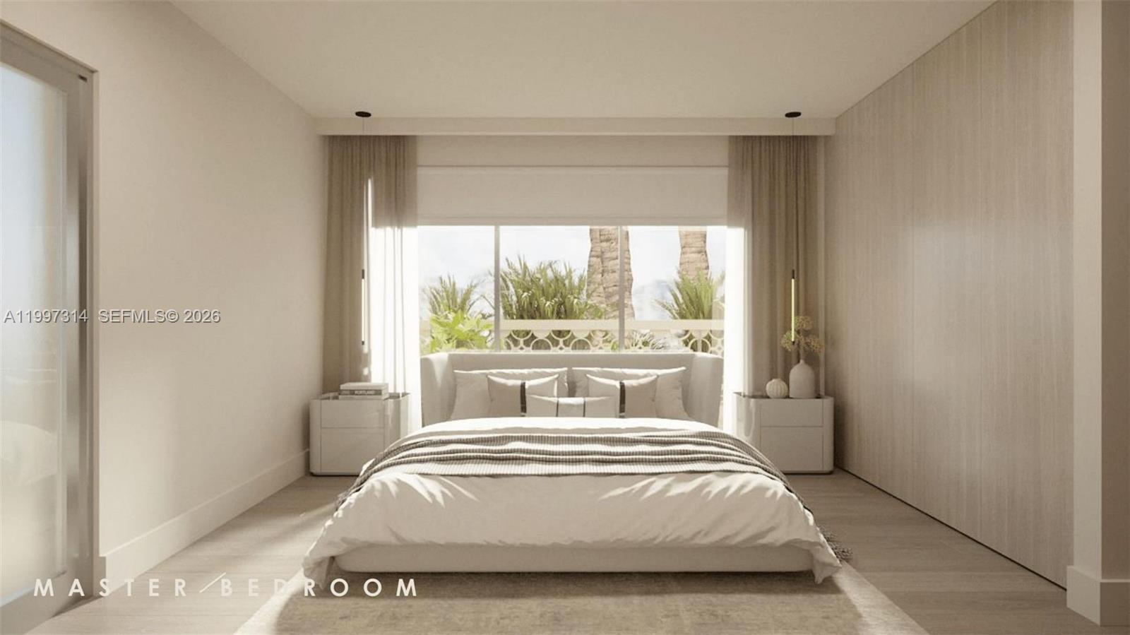This rendering shows a modern master bedroom with a platform bed and large window — 260 Collins Av # 101, Miami Beach FL 33139, MIAMI BEACH, FL