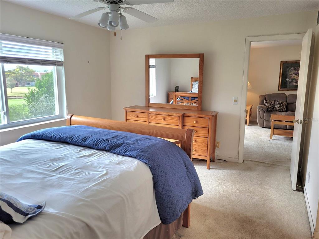 A bedroom features a wooden bed frame, a matching dresser with a mirror, and carpeted flooring — 9861 Sunrise Lakes  Blvd SUNRISE LAKES BOULEVARD UNIT 310, SUNRISE, FL