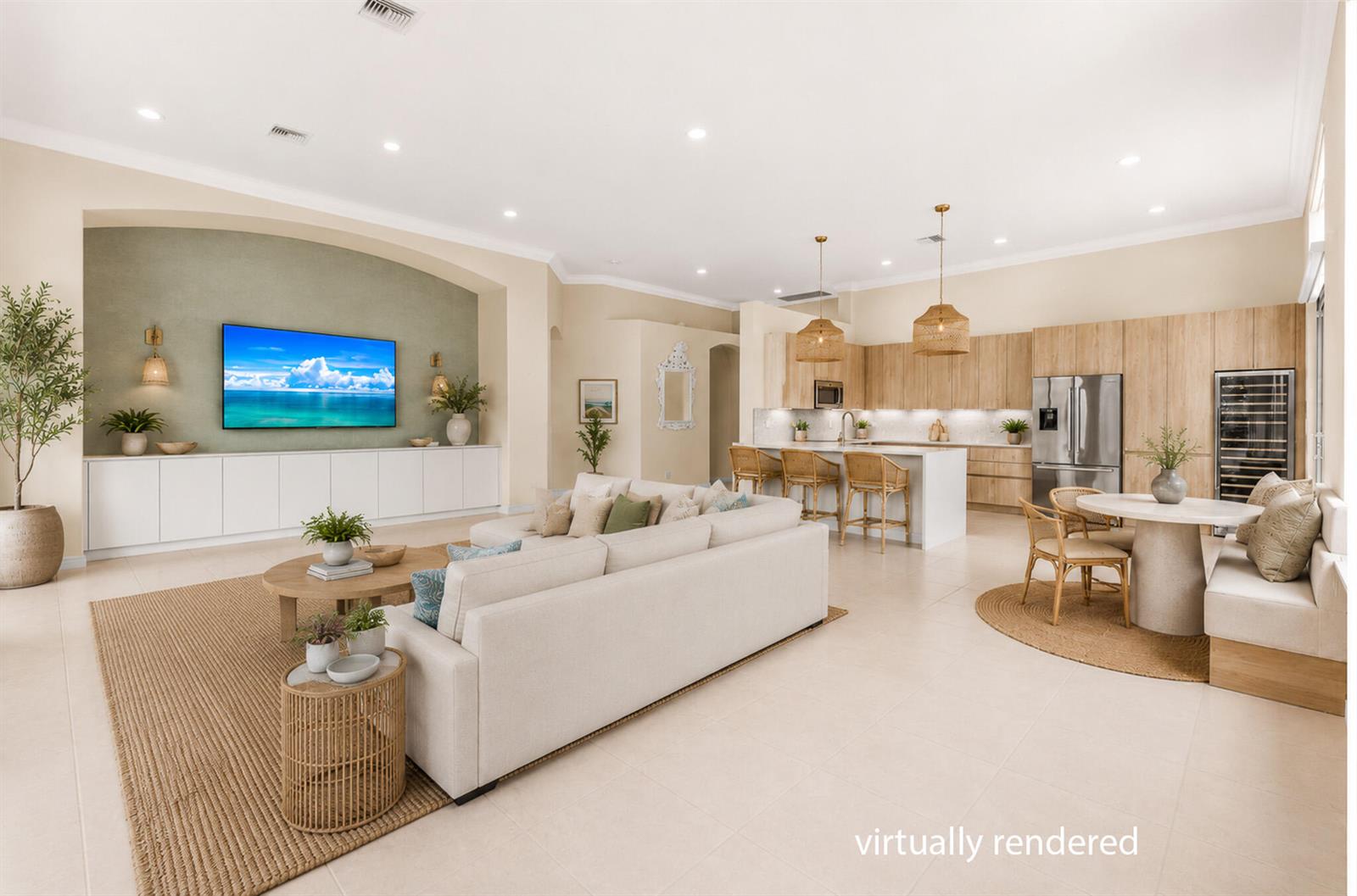 This virtually rendered open-concept living room and kitchen features light wood cabinetry and neutral decor — 7916 Montecito Place, Delray Beach FL 33446, DELRAY BEACH, FL
