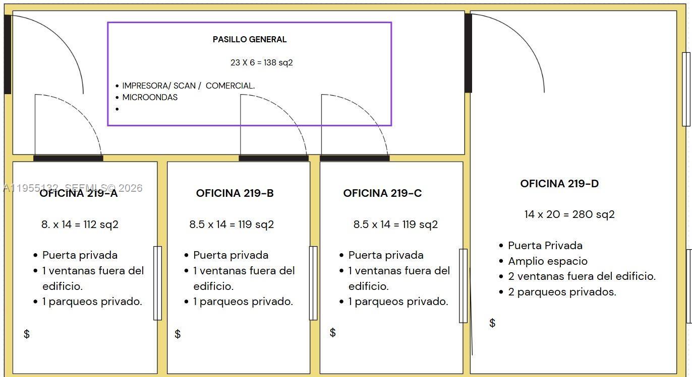 This floor plan shows four offices and a common hallway with listed amenities and dimensions — 7791 NW 46th St # 219, Doral FL 33166, DORAL, FL