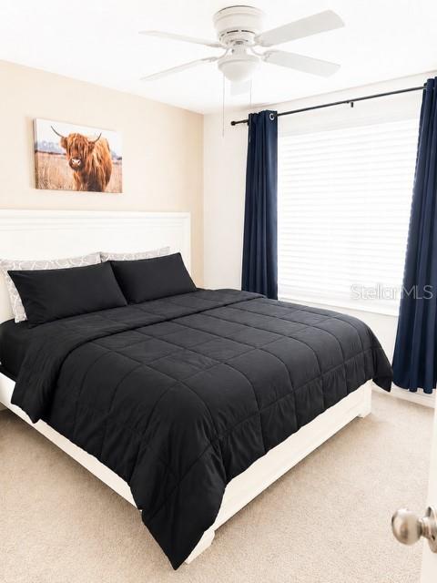 A bedroom features a bed with a black comforter, dark curtains, and a highland cow print — 4208 DOVETAIL LANE, PALMETTO, FL