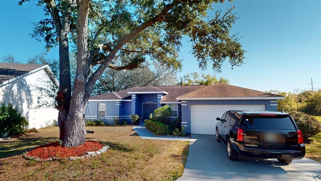A blue single-story house with a white garage door and a large tree in front — 3917 DERBY DRIVE, LAKELAND, FL