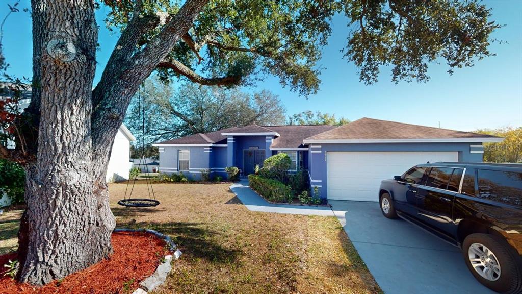 A blue single-story house with a white garage door and a large tree in front — 3917 DERBY DRIVE, LAKELAND, FL