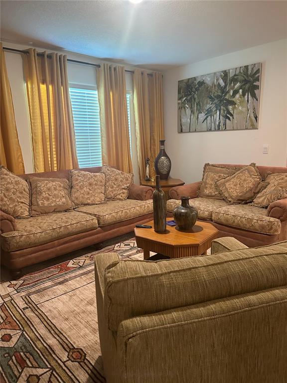 A living room features two patterned sofas, a wooden coffee table, and gold curtains — 303 ALENCON WAY, KISSIMMEE, FL
