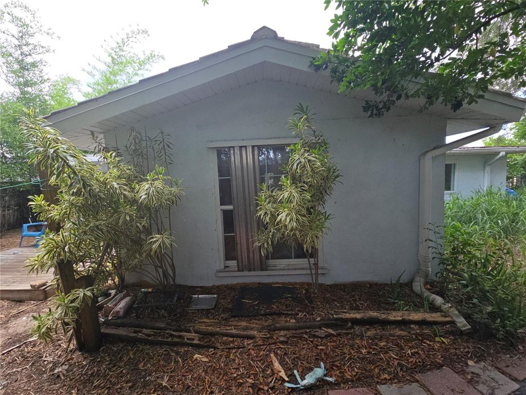 The exterior of a small, light-colored house features a window with metal shutters and landscaping — 7809 WAXWOOD DRIVE, PORT RICHEY, FL