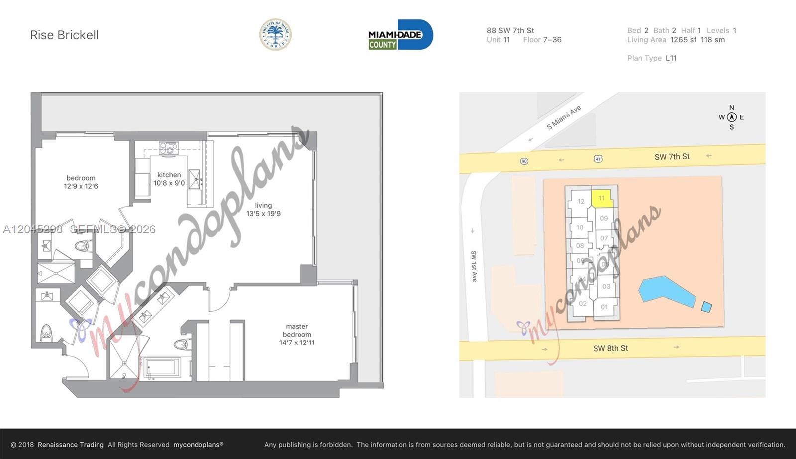 This floor plan shows a two-bedroom, two-and-a-half-bath condo unit with a kitchen and living area — 88 SW 7th St # 1511, Miami FL 33130, MIAMI, FL