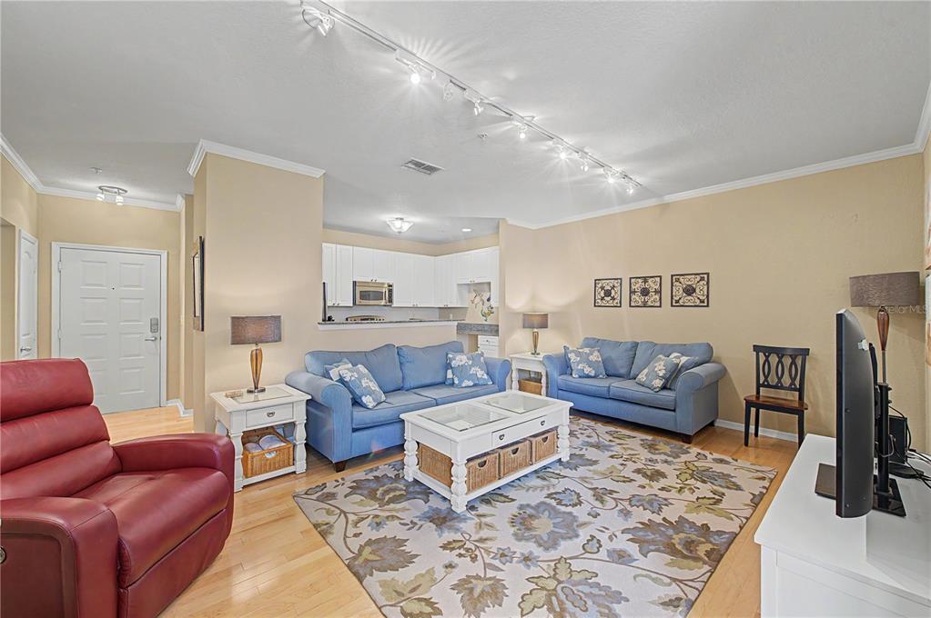 A living room features two blue sofas, a red recliner, and a central coffee table — 4221 W SPRUCE STREET UNIT 1222, TAMPA, FL