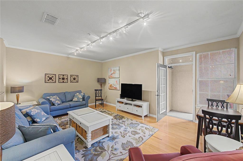 A living room features light hardwood floors, a blue sofa, a white coffee table, and track lighting — 4221 W SPRUCE STREET UNIT 1222, TAMPA, FL