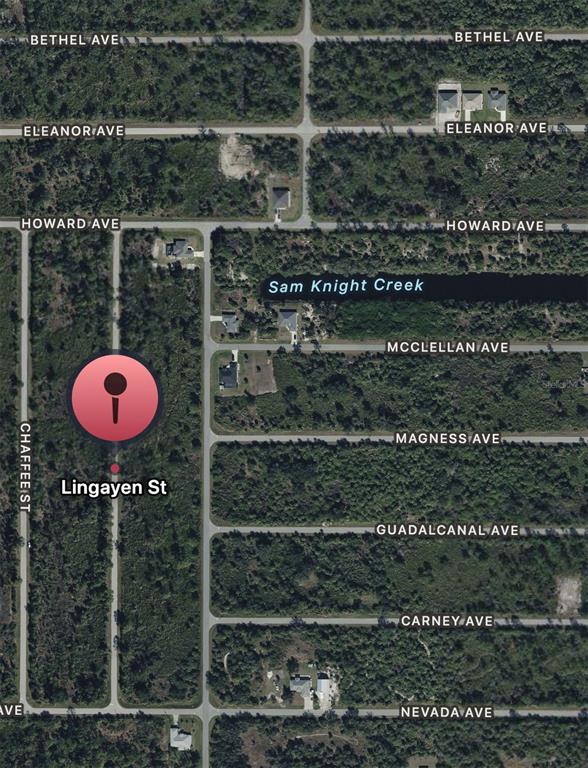 This is an aerial map view of a wooded residential area with labeled streets — 2071 LINGAYEN STREET, PORT CHARLOTTE, FL