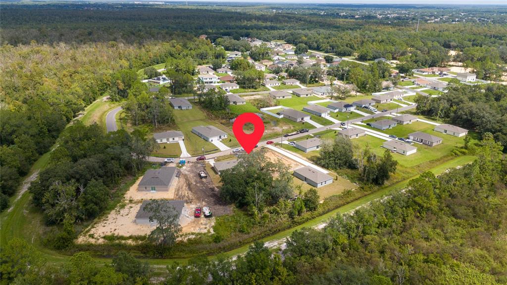 An aerial view shows a residential neighborhood with a red location pin marking a lot — 133 SPARROW COURT, KISSIMMEE, FL