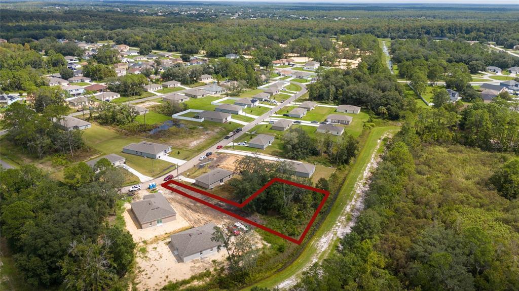 An aerial view shows a vacant, irregularly shaped residential lot outlined in red — 133 SPARROW COURT, KISSIMMEE, FL
