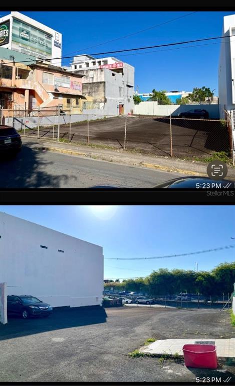Two exterior views show a vacant, fenced-in dirt lot located between existing buildings — 1502 AV. MANUEL FERNÁNDEZ JUNCOS, SAN JUAN, PR