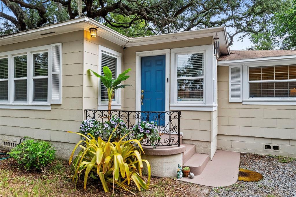 A backyard features a wooden pergola, a deck with chairs, and large mature trees — 2016 E POWHATAN AVENUE, TAMPA, FL