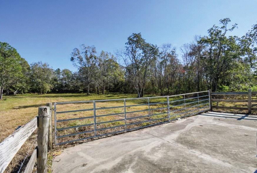 A metal gate opens from a concrete pad onto a grassy field with surrounding trees — 6020 US HIGHWAY 17 92 N, DAVENPORT, FL
