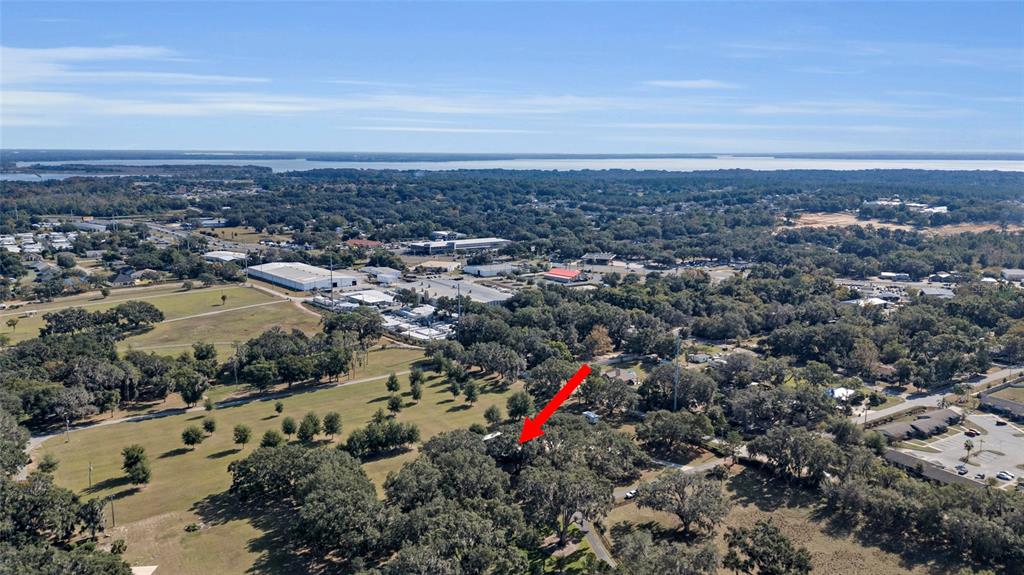 An aerial view shows a wooded lot with a red arrow pointing toward a house — 400 CARMAN DRIVE, LEESBURG, FL
