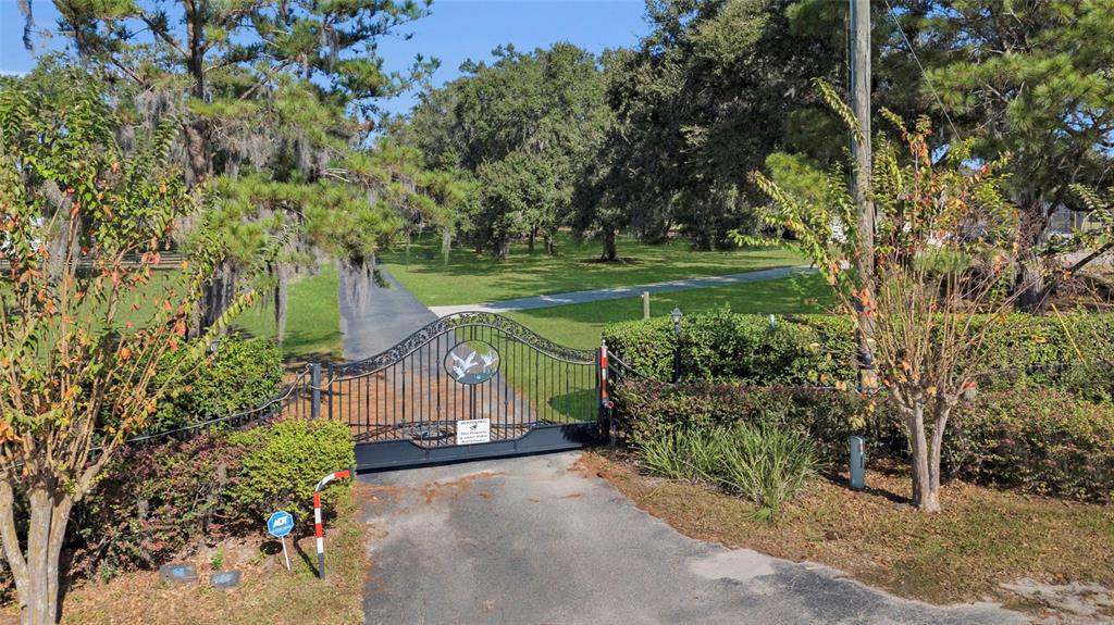 A black metal gate with a decorative bird emblem secures the entrance to a driveway — 400 CARMAN DRIVE, LEESBURG, FL