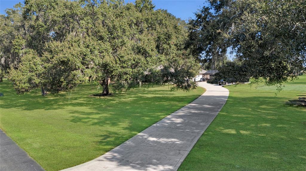 A concrete driveway leads through a grassy yard toward a house shaded by large trees — 400 CARMAN DRIVE, LEESBURG, FL
