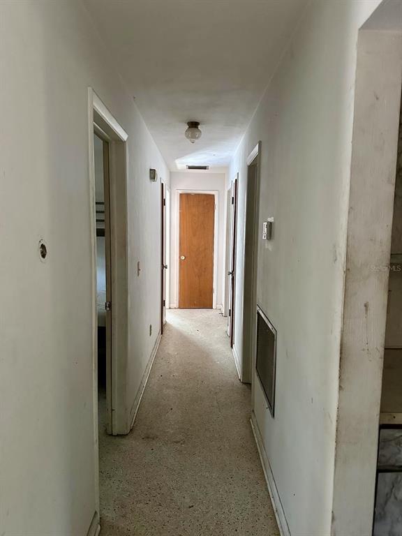 A narrow hallway features white walls, a light-colored speckled floor, and several wooden doors — 1918 MOUNTAIN LAKE CUTOFF ROAD, LAKE WALES, FL