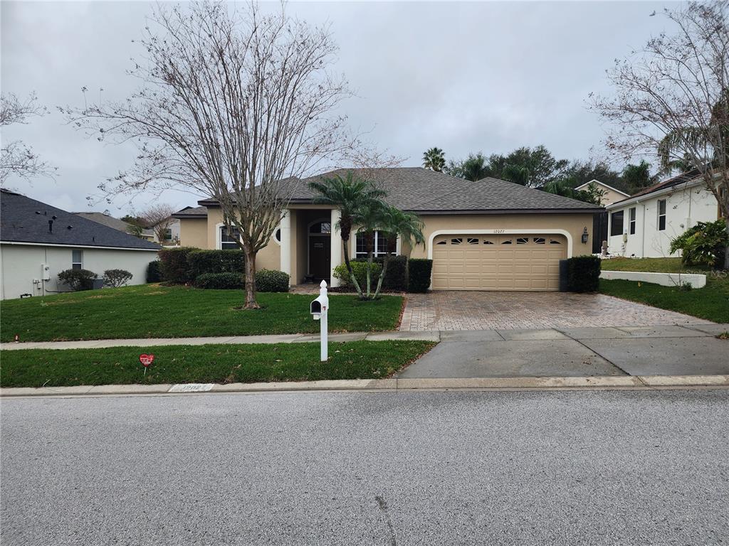 A single-story tan house with a two-car garage and a paved driveway — 12027 STILL MEADOW DRIVE, CLERMONT, FL