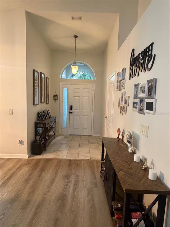 An entryway features a white front door with a transom window, tile flooring, and console tables — 10467 LUCAYA DRIVE, TAMPA, FL