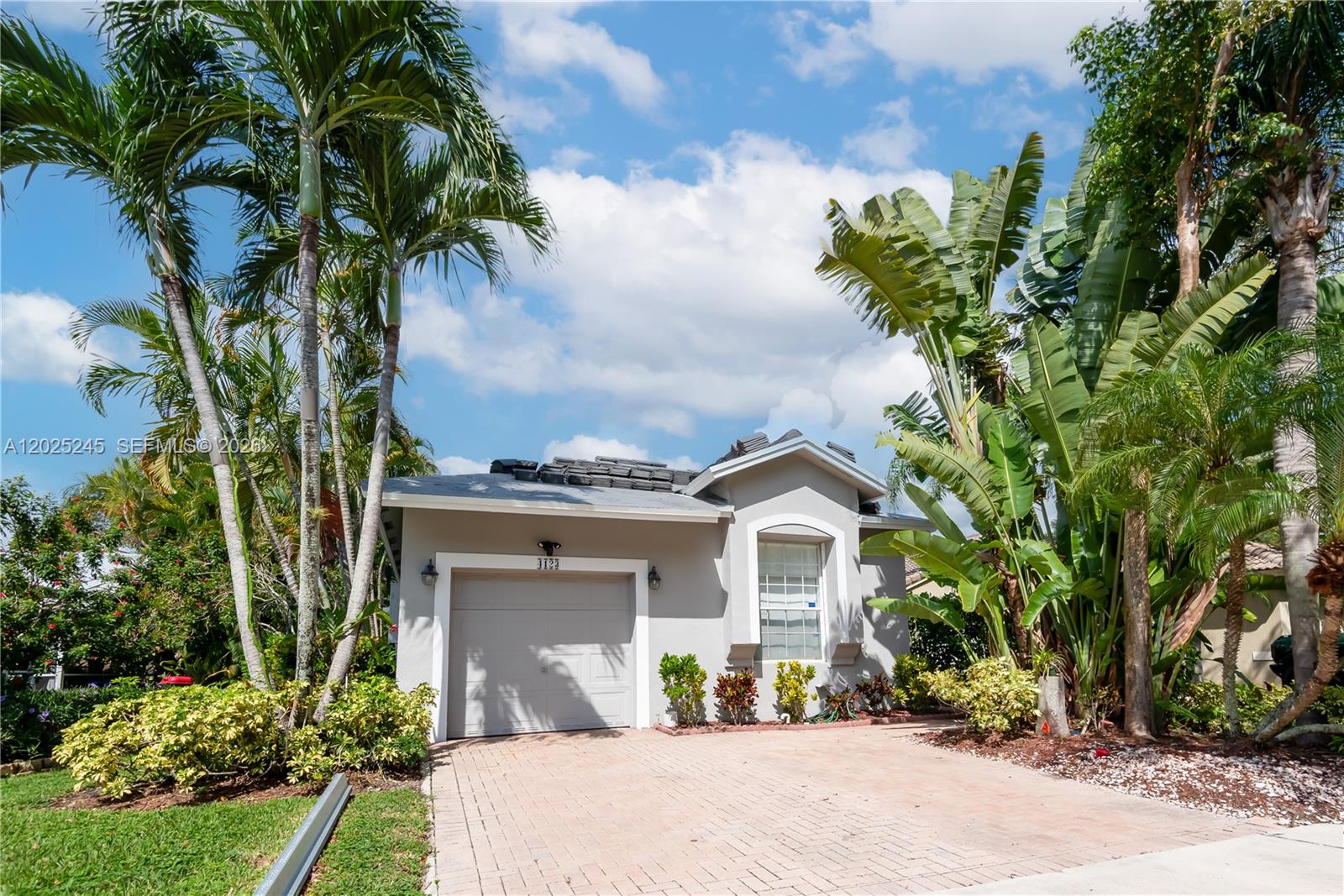 A single-story house with a garage, a paved driveway, and lush tropical landscaping — 4123 Sapphire Bnd, Weston FL 33331, WESTON, FL
