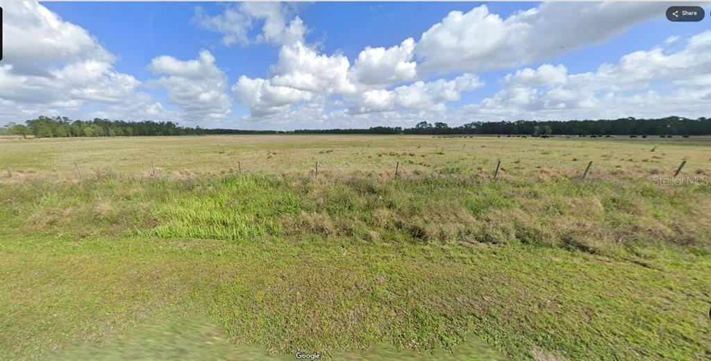 A wide, flat, grassy pasture is enclosed by a wire fence under a cloudy sky — VAN FLEET ROAD, POLK CITY, FL